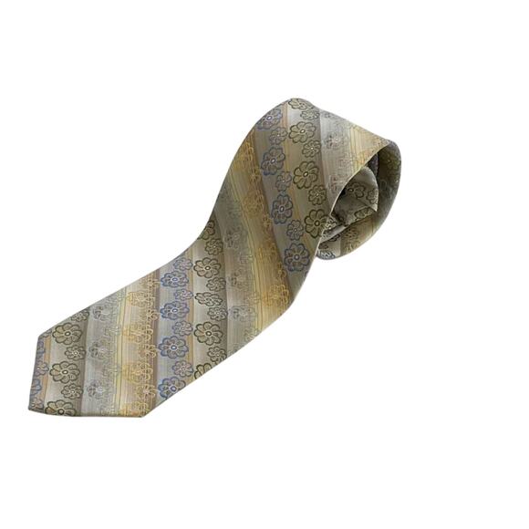 Emilio Ponti Roma Milano Mens Silk Striped Floral Tie, Gold Blue Green Tan, 61" - Picture 3 of 9